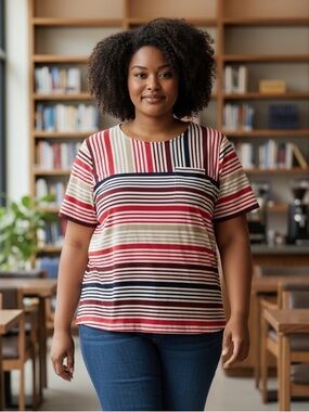 CJ Banks Striped Pocket Tee in Red, Navy, Cream